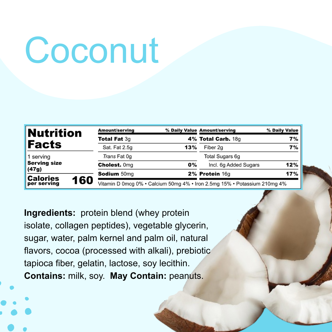 Nutrition facts label for coconut melō with coconuts on a blue background