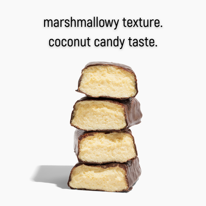 Stack of coconut candy bars with a marshmallowy texture and coconut candy taste on a white background.