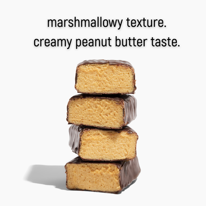 Stack of peanut butter melō bars with text describing texture and taste on a white background
