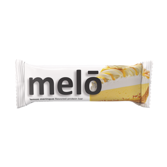 melō lemon meringue flavored protein bar packaging on a white background
