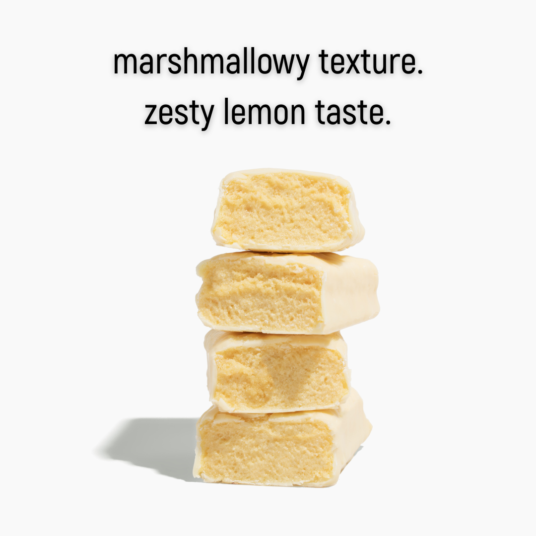 Stack of marshmallow-like cubes with text describing texture and taste on a white background