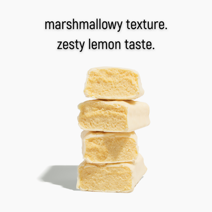 Stack of marshmallow-like cubes with text describing texture and taste on a white background